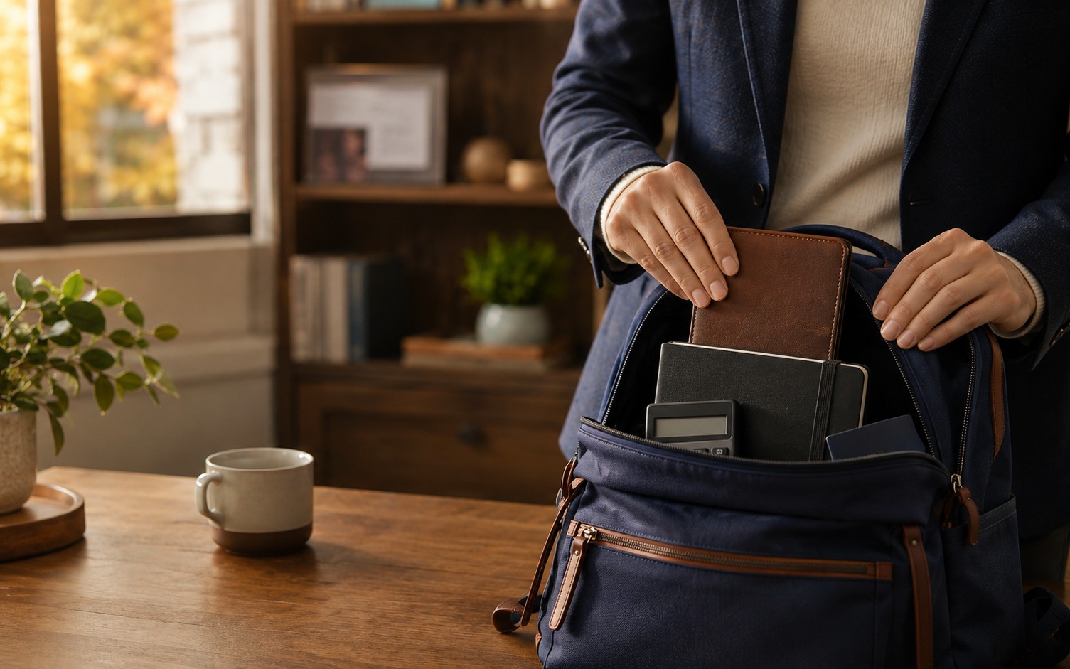 A professional packing a wallet, notebook and calculator into a backpack