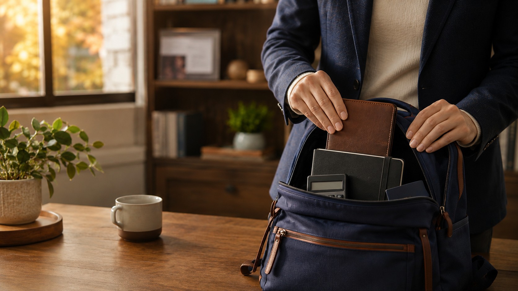 A professional packing a wallet, notebook and calculator into a backpack