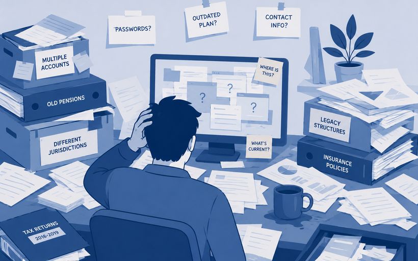 A desk overwhelmed with accounts and paperwork