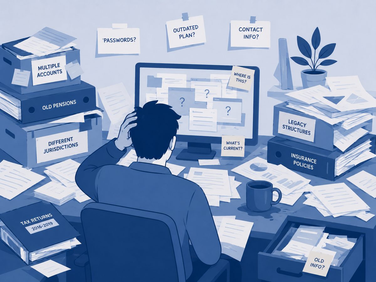 Illustration of a desk overwhelmed with accounts, old pensions and scattered paperwork