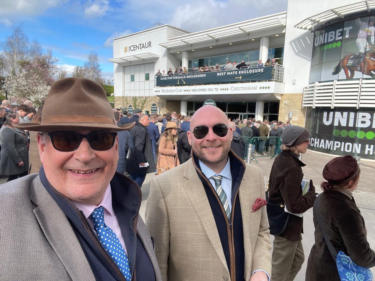 Myles and Damien outside The Centaur at Cheltenham racecourse