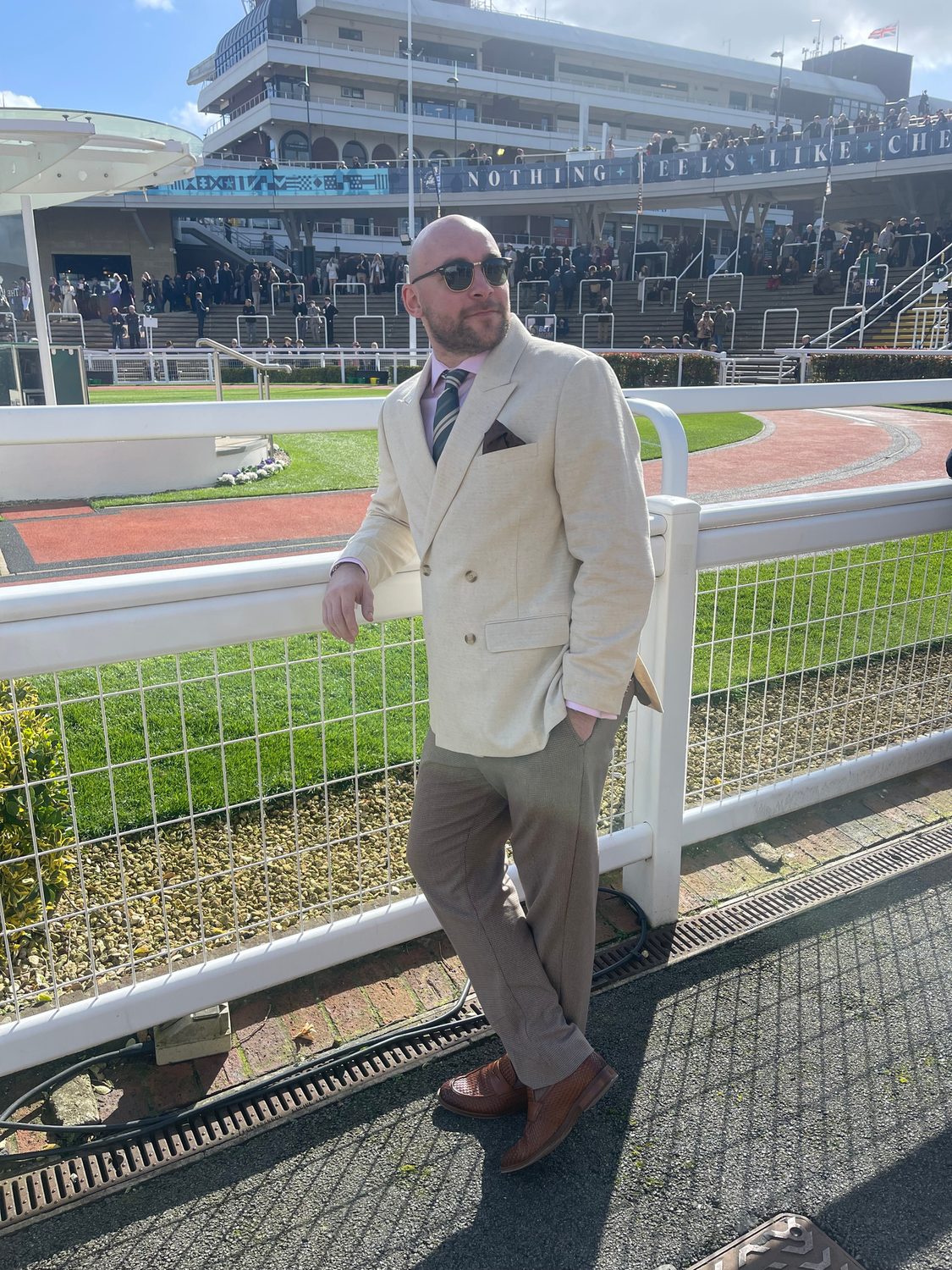 Myles by the rail at Cheltenham, the grandstand behind
