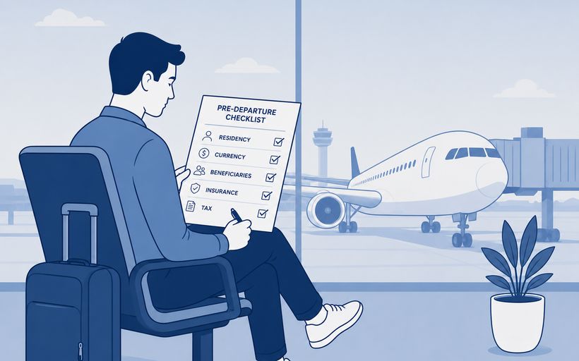 Pre-departure financial checklist at an airport