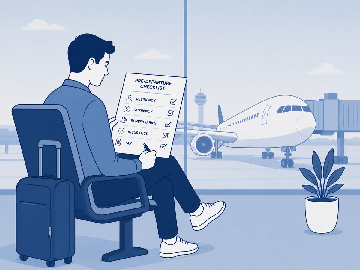 Illustration of a traveller reviewing a pre-departure financial checklist at an airport