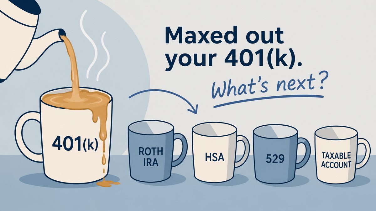 Illustration of a full 401(k) mug beside Roth IRA, HSA, 529 and taxable account mugs